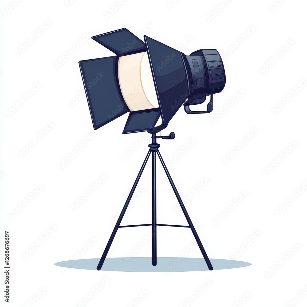 Poster camera on a tripod with vector studio lighting flat design icon isolated on white background