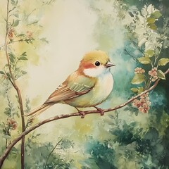 Colorful bird perched on a branch surrounded by foliage in a serene natural setting. Generative AI
