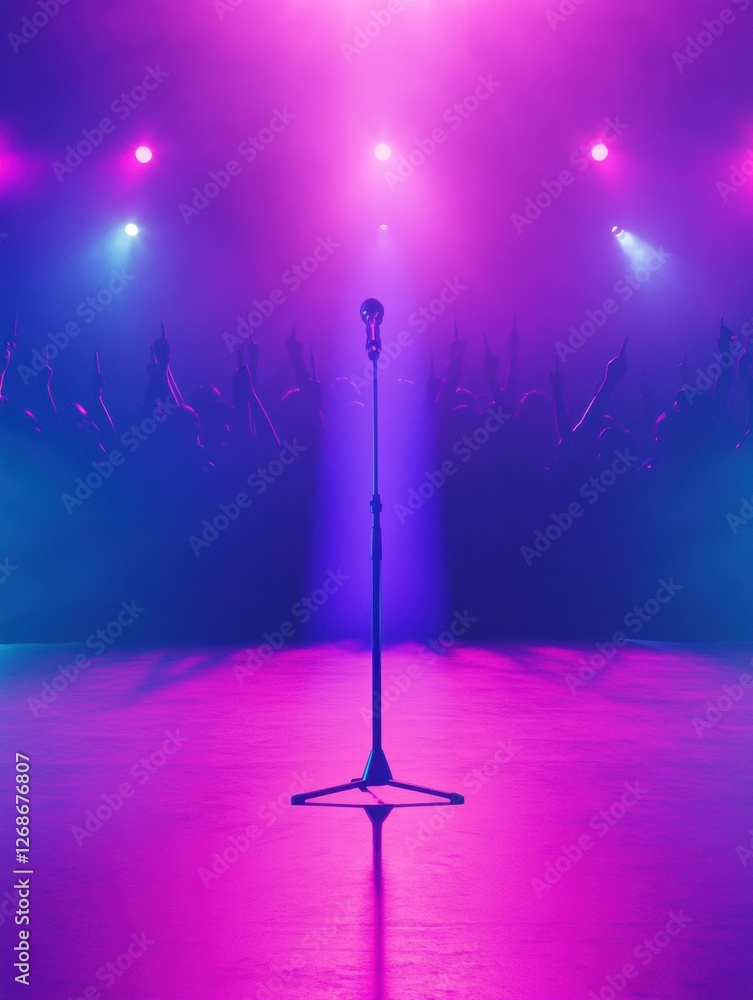 Poster vibrant stage set with a microphone under colorful lights at a lively music concert event. generativ