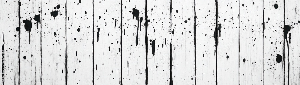 Poster abstract black paint splatter on distressed white wooden boards creating a unique artistic backgroun