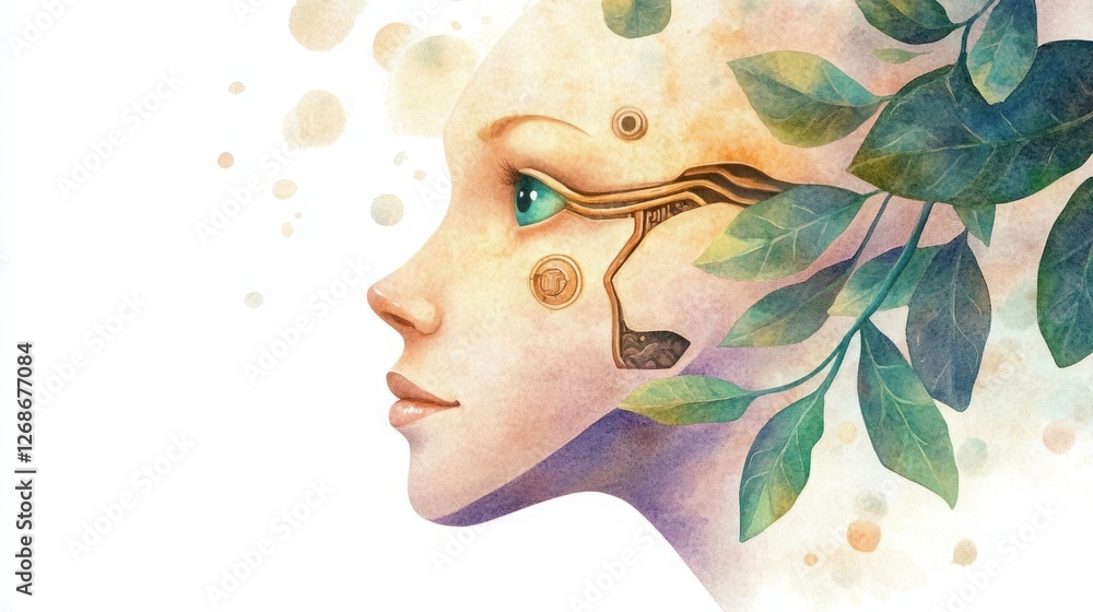 Poster futuristic portrait of a woman with leafy elements and circuitry symbolizing harmony between nature 