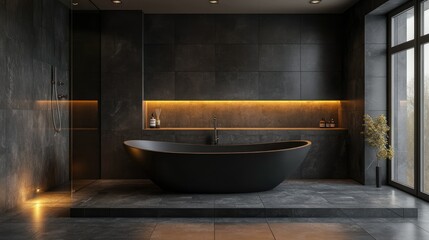 Dark gray modern bathroom with a spacious bathtub, elegant lighting, and a relaxing, minimalist design.