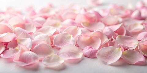 Fototapeta premium Soft pink rose petals scattered on a white background with subtle texture , pink pastel, soft focus, pink pastel