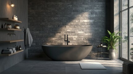 Elegant bathroom with gray stone walls, a freestanding bathtub, and modern fixtures for a luxurious feel.