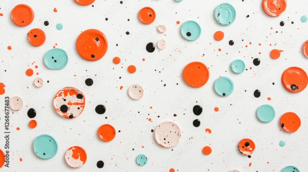 Poster colorful paint splashes and scattered dots on a white background, artistic abstract design with vibr