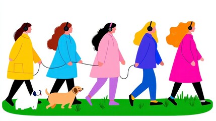 Five people in colorful coats walk dogs on a green lawn. Bright, flat illustration style, featuring diverse hairstyles and dog breeds. Cheerful
