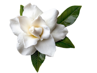 A blooming gardenia flower with soft white petals, isolated on a clean transparent background, PNG file.