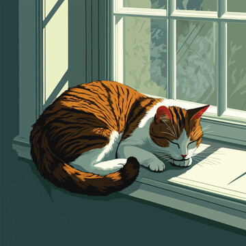 Cat curled up on a windowsill with sun rays, cozy pet moment.