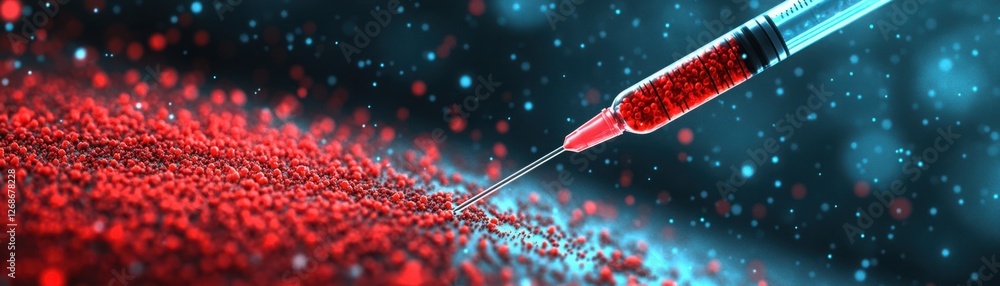 Poster macro image of a syringe injecting bright red liquid into a colorful powder substance, highlighting 