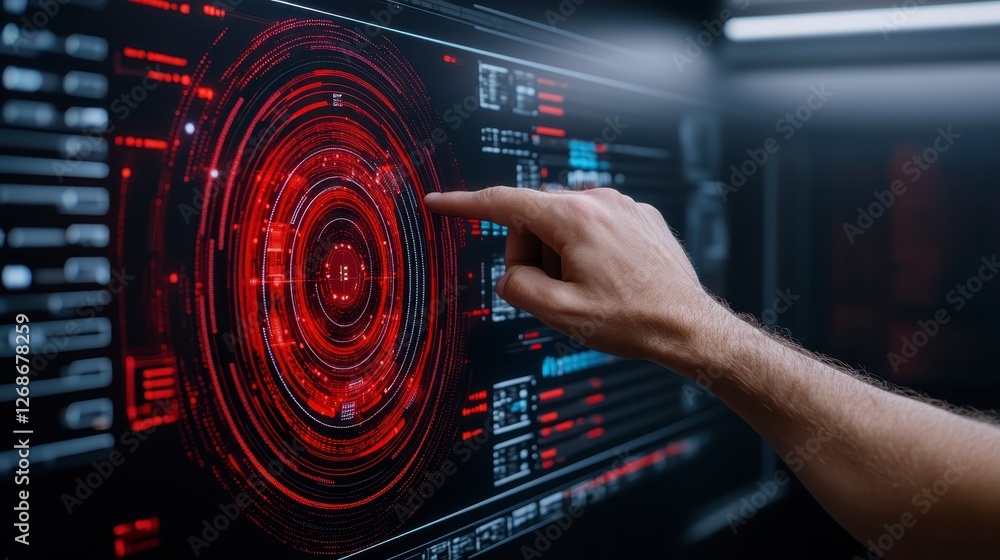 Poster a close up shot showcases a person's hand interacting with a large, high tech screen displaying comp