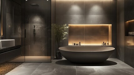 Sleek modern bathroom in elegant gray tones, featuring a luxurious freestanding bathtub and soft ambient lighting.