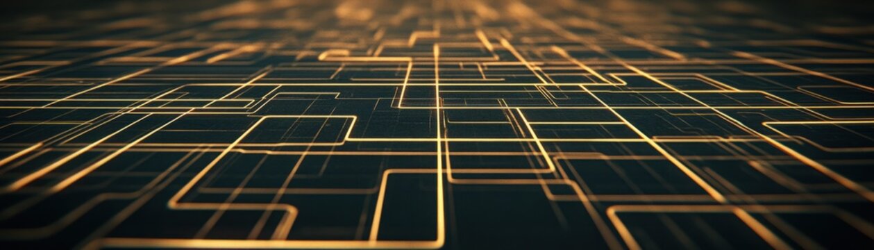 Abstract digital background with glowing golden lines creating a mesmerizing network of intricate patterns on a dark surface for technology and design concepts