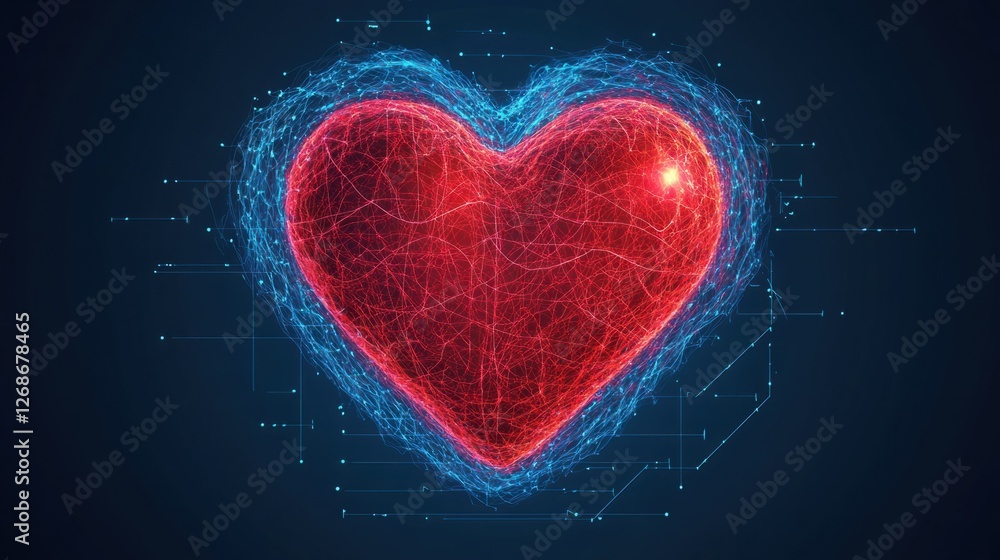 Aufkleber vibrant heart shaped digital illustration with glowing lines and circuit pattern on a dark backgroun