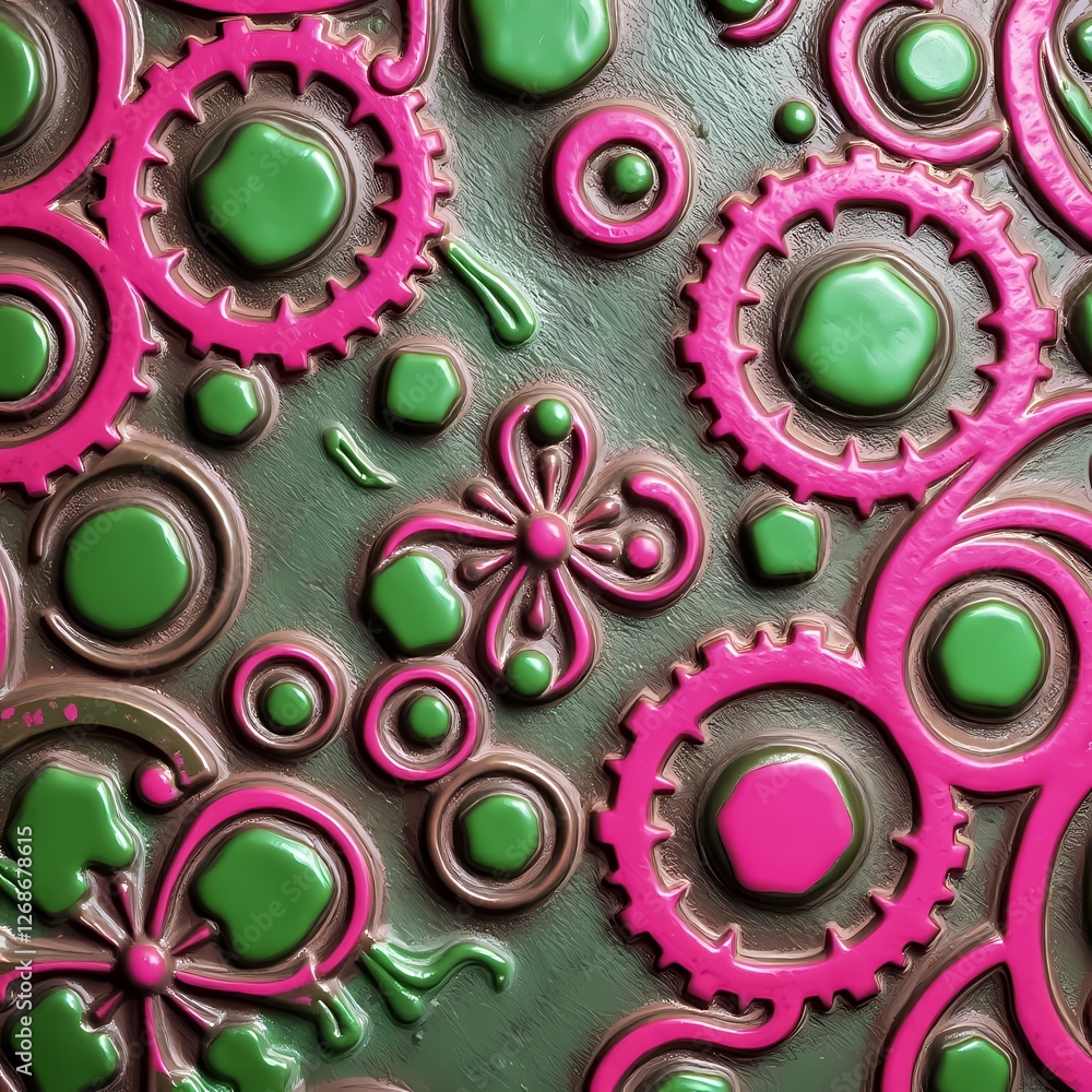 Poster colorful gears and floral patterns create a vibrant design of bronze with intricate details. generat
