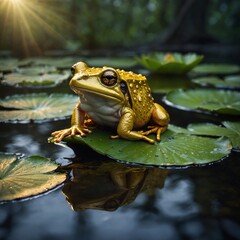 Obraz premium A magical golden frog sitting on a lily pad in an enchanted glowing swamp.