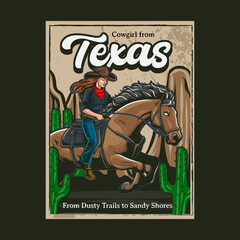 Cowgirl from Texas Riding Horse in Western Vintage Illustration for poster