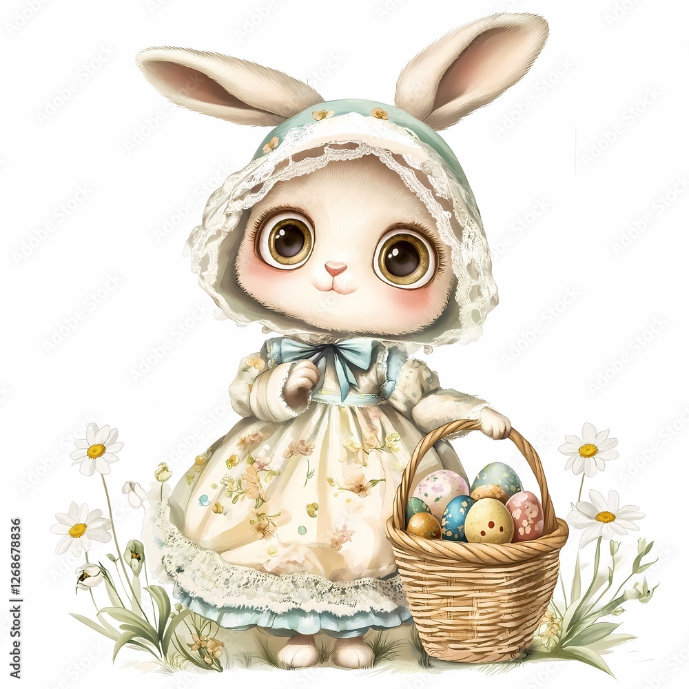 Poster cute easter bunny character with basket of colorful eggs in springtime setting. generative ai