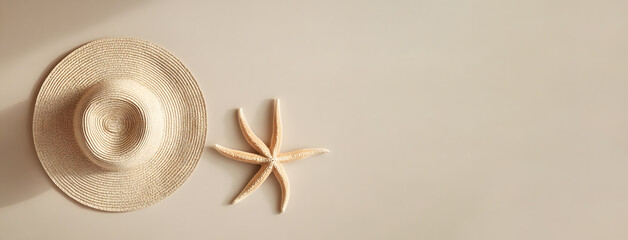 Elegant Straw Hat and Starfish on Beige Background