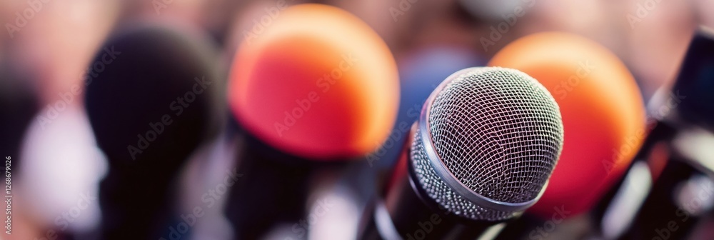 Poster diverse microphones arranged for a press conference in an urban setting during the afternoon. genera