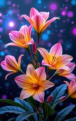 Fototapeta premium A stunning close-up of vibrant, glowing flowers in full bloom, illuminated with soft golden light.
