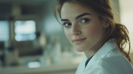 Obraz premium Compassionate female healthcare professional in a white coat, embodying care and dedication in her role.