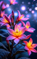 Fototapeta premium A stunning close-up of vibrant, glowing flowers in full bloom, illuminated with soft golden light.