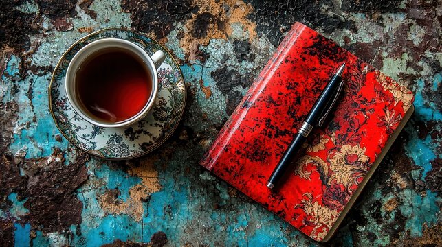 A Cup of Tea a Notebook and a Pen on a Rustic Surface