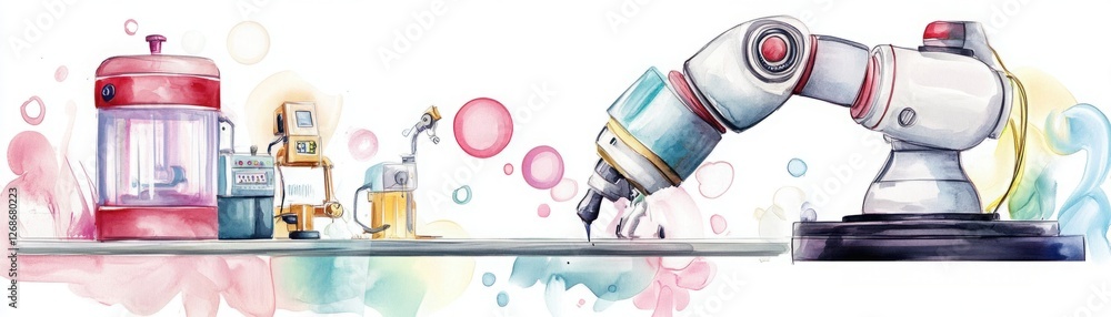 Poster artistic illustration of robotic arm and laboratory equipment with colorful bubbles in the backgroun