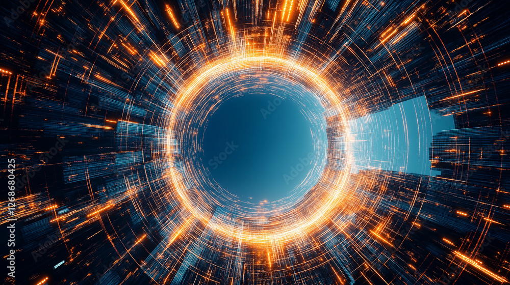 Poster digital vortex: a mesmerizing abstract digital vortex with vibrant orange and blue hues, resembling 