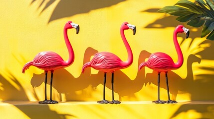 Fototapeta premium Flamingo toys in motion, vibrant colors, simple yet creative design, evoking joy and playfulness.
