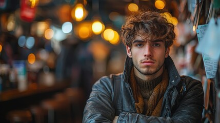 Obraz premium A young man with curly hair sits thoughtfully in a warm, cozy setting.