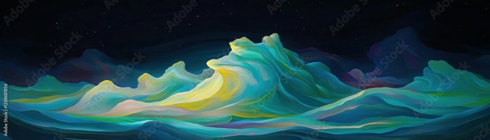 Poster mesmerizing abstract landscape with flowing colorful waves against a dark starry background reflecti