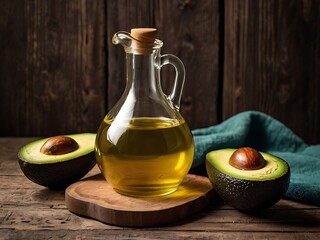 Avocado oil on rustic wooden table