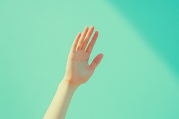 Upward hand gestures reaching against a serene turquoise background