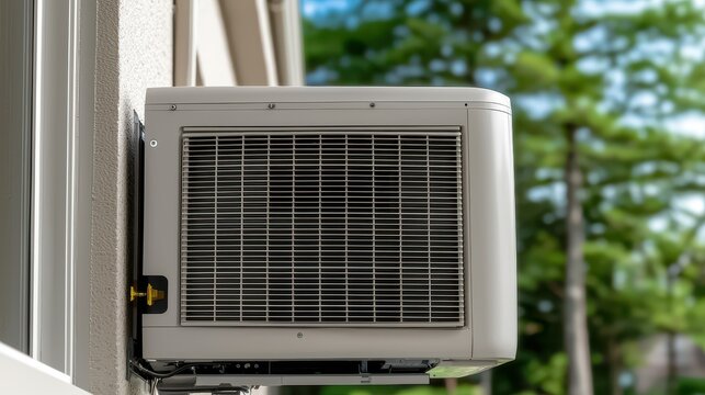 Air Conditioning Service Concept, Modern Detached Split System Air Conditioner with Standard Design for Outdoor Installation and Efficient Cooling