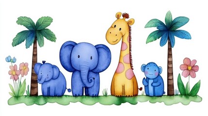 Naklejka premium This charming illustration features a group of stylized animals including blue elephants and a giraffe, set against a backdrop of palm trees
