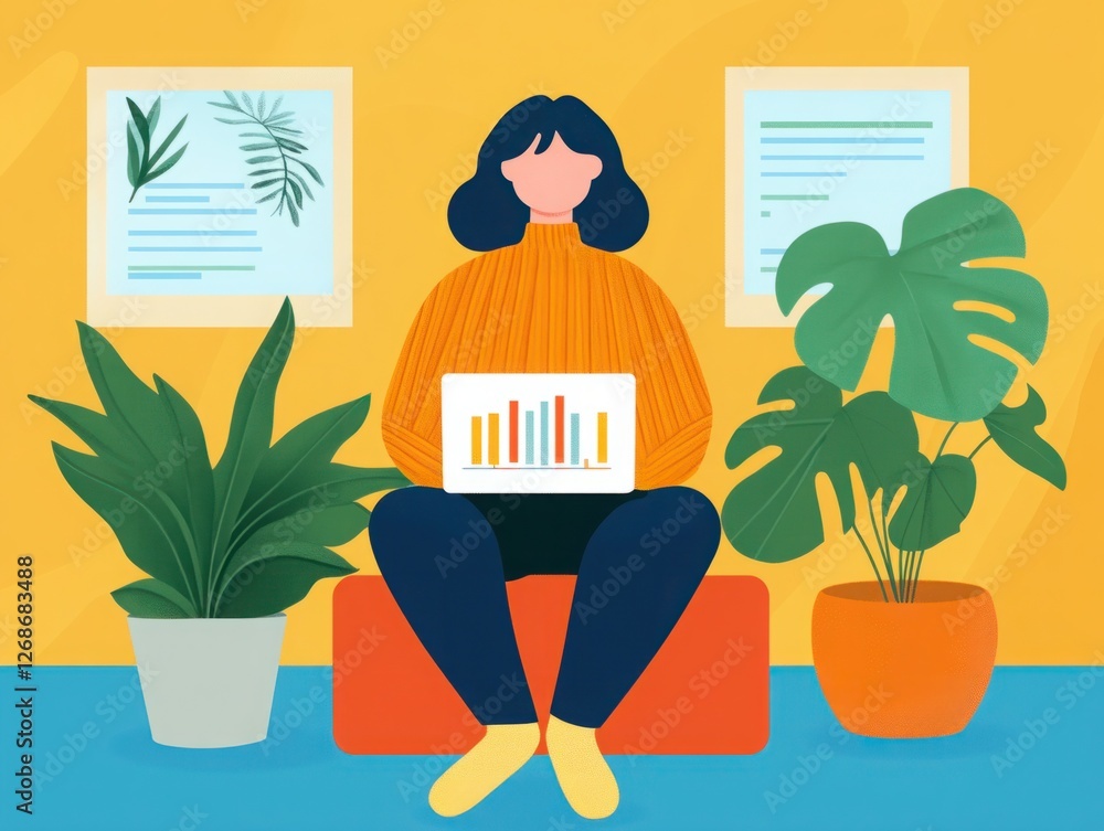 Poster a person sitting on an orange cushion with a laptop, surrounded by plants in a bright room, analyzin