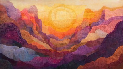Woven Canyon Sunset, vibrant sunset casting warm hues over textured yarn-like canyon walls, evoking a serene and artistic landscape.
