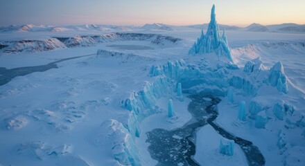 Icy Landscape Frozen Castle with Frozen River and Snowy Mountains