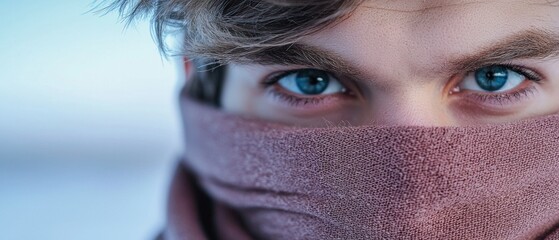 Close-up of a young person with striking blue eyes wrapped in a scarf during a chilly winter day in a snowy landscape