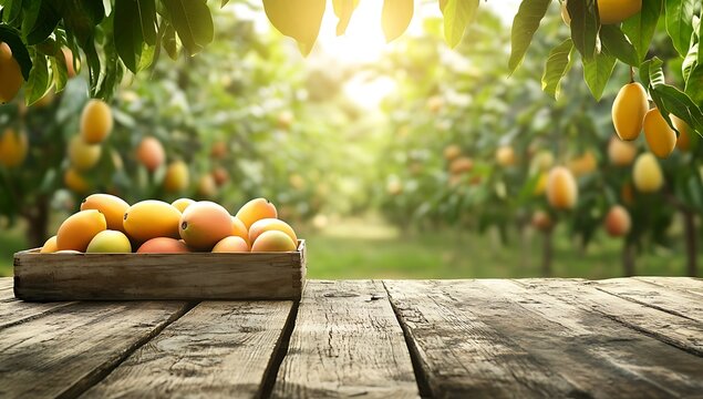 Mangoes in a wooden crate in wooden table with mango field in the background