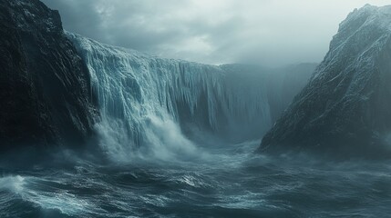 Glacier calving into ocean waves, icy mist rising, symbolizing rapid ice loss and climate change.