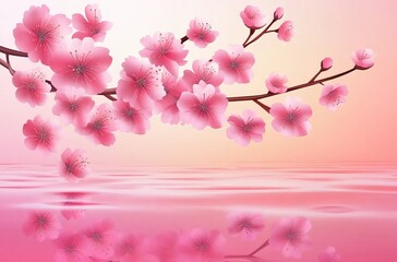 Cherry blossom branch with pink flowers against a background of water and sky, vector illustration, pastel colors, vector style, cute, pink color palette, cherry blossoms flying in the air