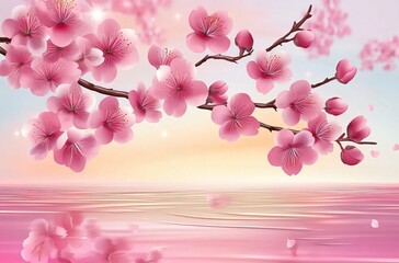 Cherry blossom branch with pink flowers against a background of water and sky, vector illustration, pastel colors, vector style, cute, pink color palette, cherry blossoms flying in the air