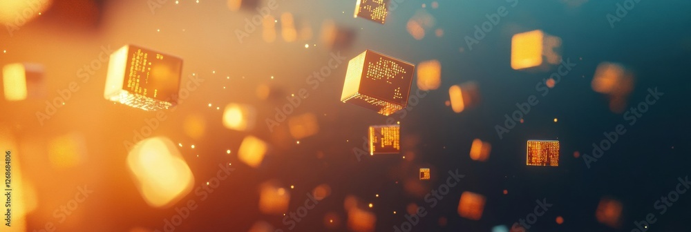 Poster Floating data cubes illuminated by soft orange light create a captivating digital atmosphere in a futuristic setting. Generative AI