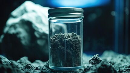 Glowing cosmic dust in a jar with asteroid backdrop, showcasing space exploration discoveries.