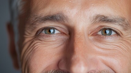 Close-up of a smiling middle-aged man showcasing emerald green eyes and distinct facial features against a neutral background indoors