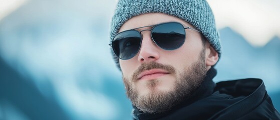Cool man in sunglasses and winter hat enjoys the snow-covered mountains during a sunny day in the alpine region