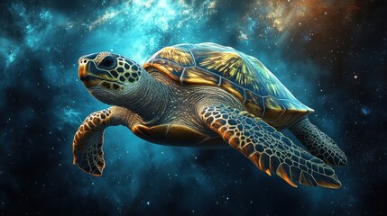 Obraz premium Majestic sea turtle gliding through vibrant cosmic background showcasing the beauty of marine life and the mysteries of the universe