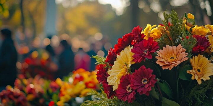 Colorful flower bouquets celebrating mansudae grand monument in pyongyang, north korea